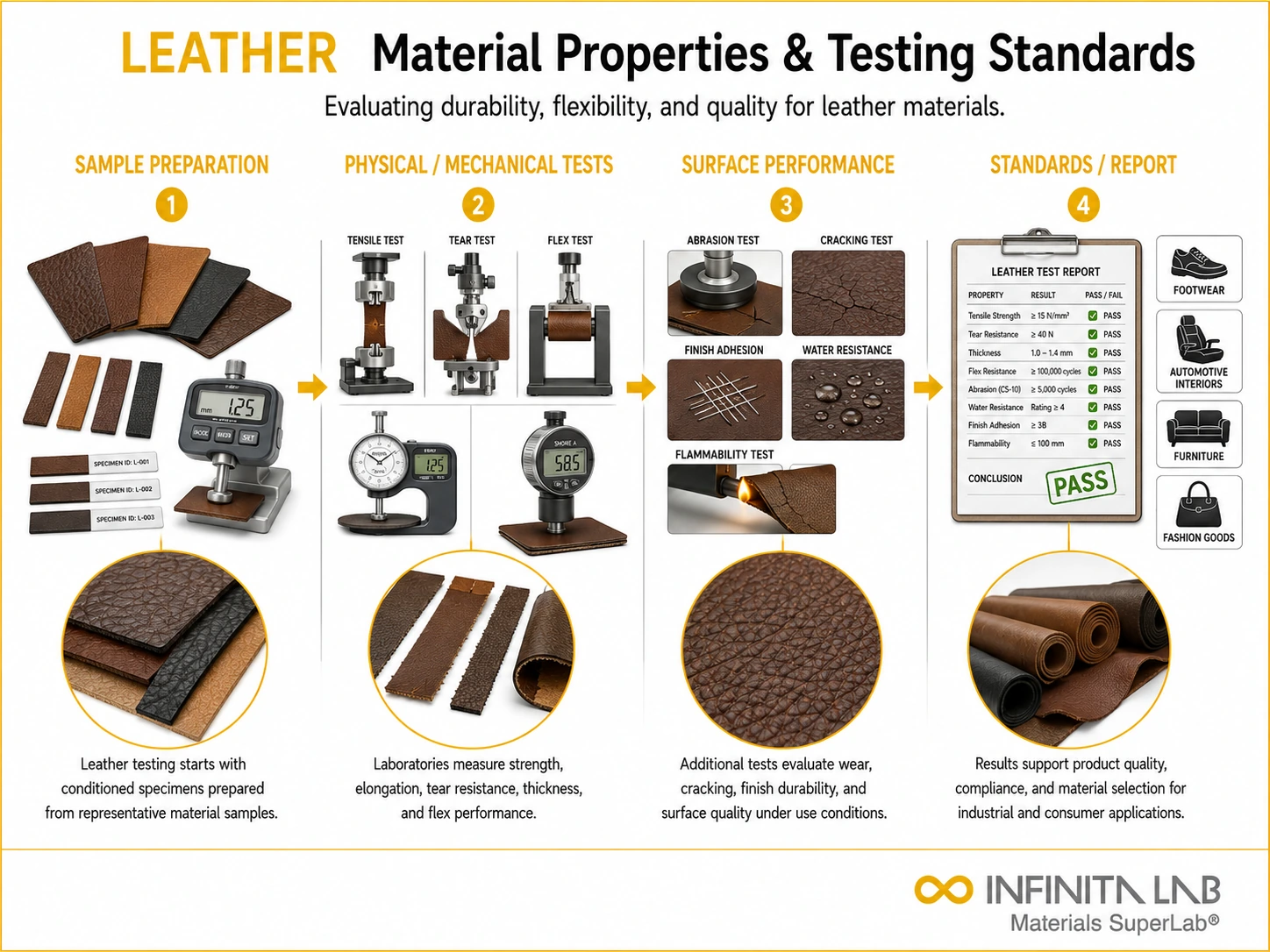 Infinita Engineering Visual showing Leather Material Properties combustible dust / loc / explosion workflow for leather material properties & industrial testing standards guide.
