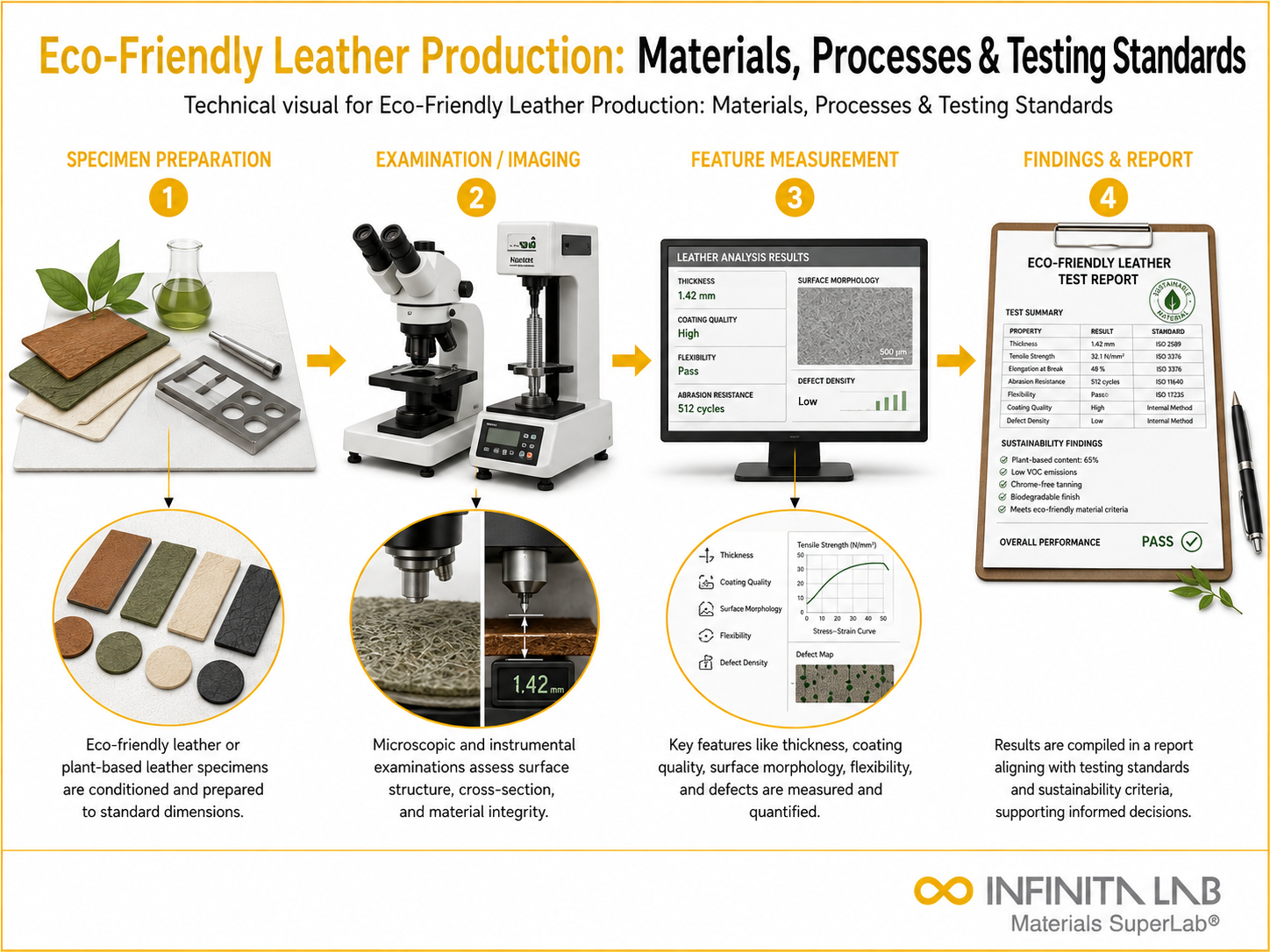 Infinita Engineering Visual showing Eco-Friendly Leather Production: Materials, Processes & Testing Standards microscopy / surface / material characterization workflow.