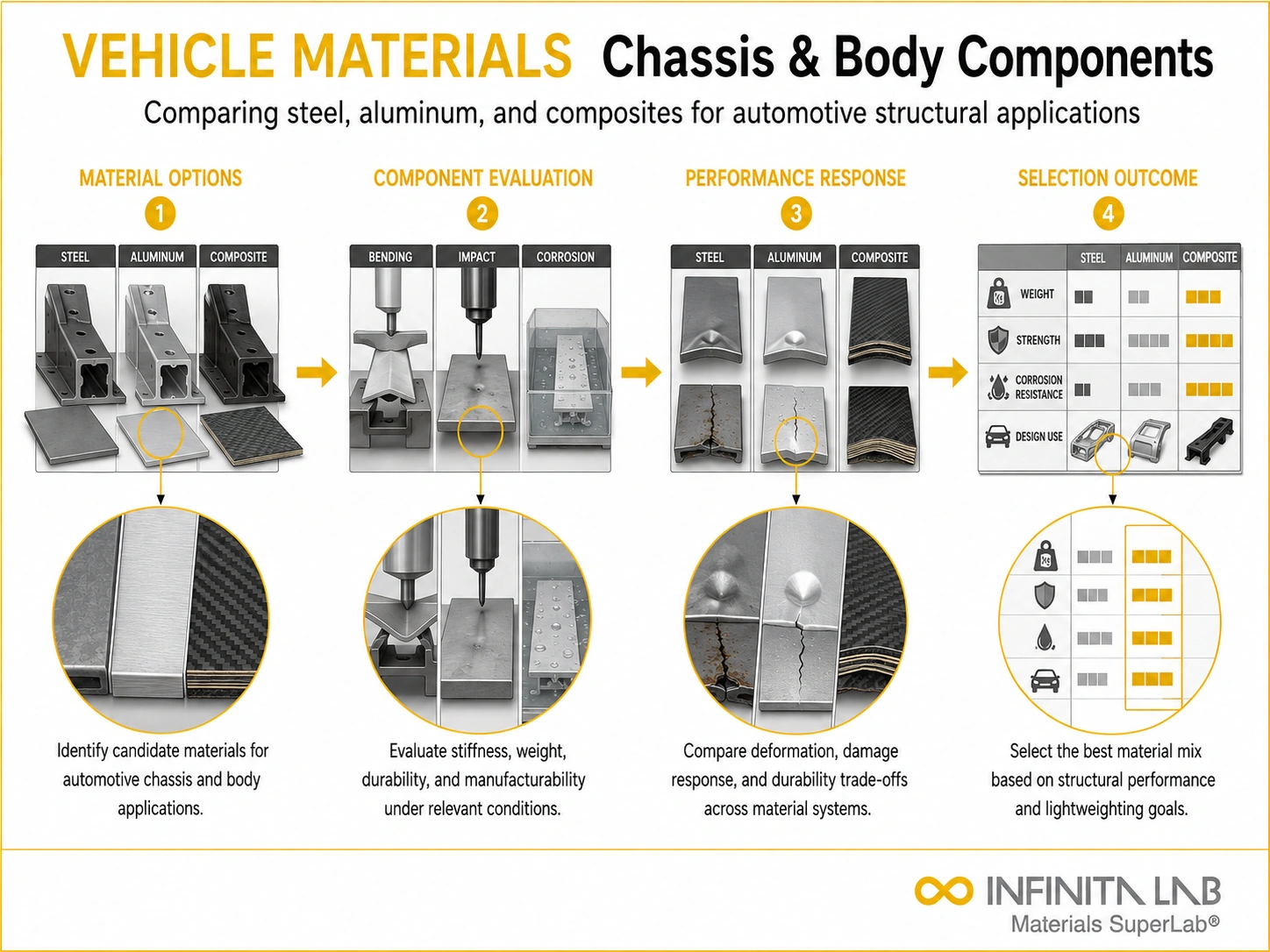 Infinita Engineering Visual showing Materials Used In composite / advanced material characterization workflow for materials used in vehicle chassis & body components: steel, aluminum & composites.
