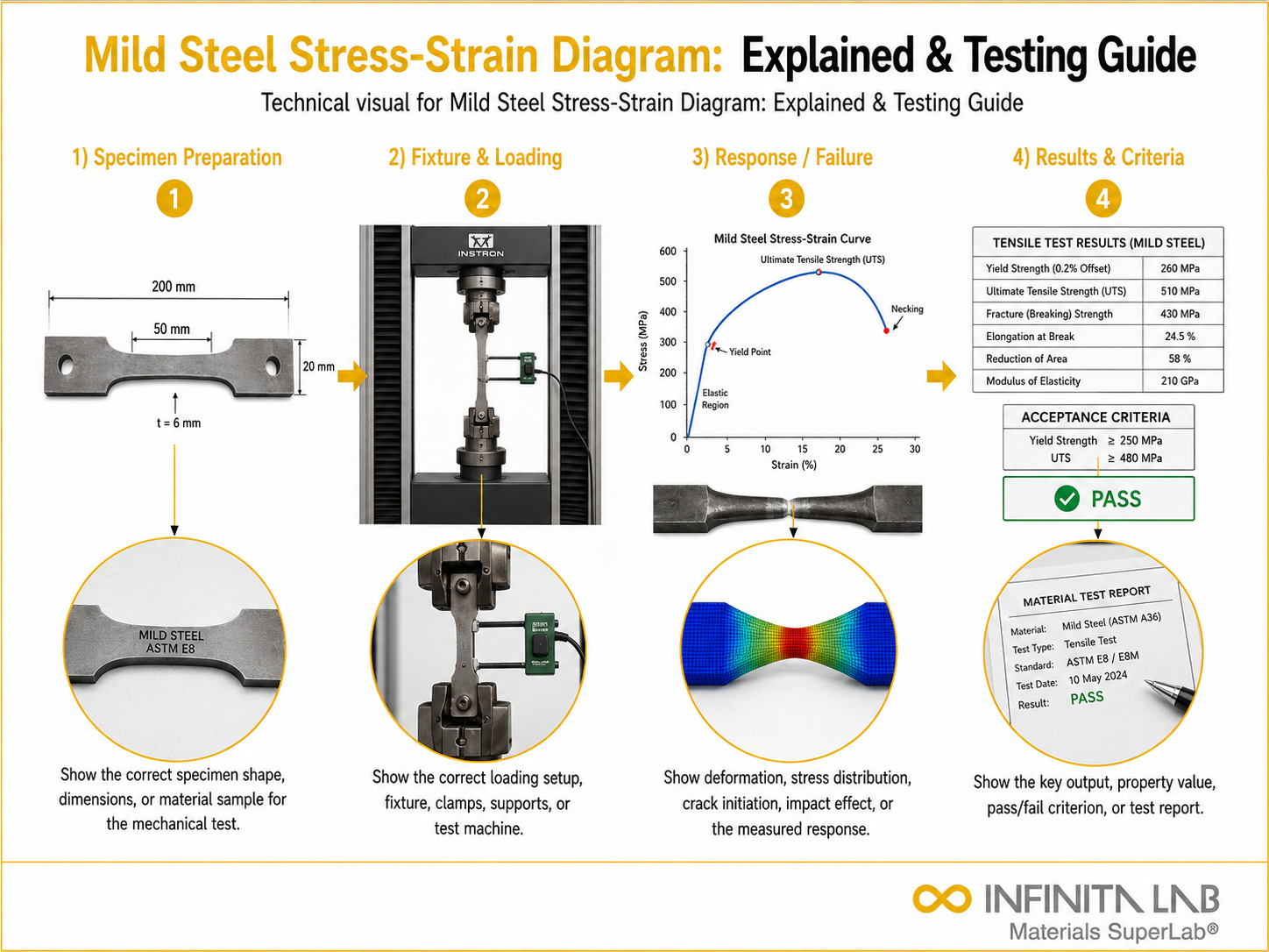 Infinita Engineering Visual showing Mild Steel Stress-Strain Diagram: Explained & Testing Guide mechanical / structural testing workflow.