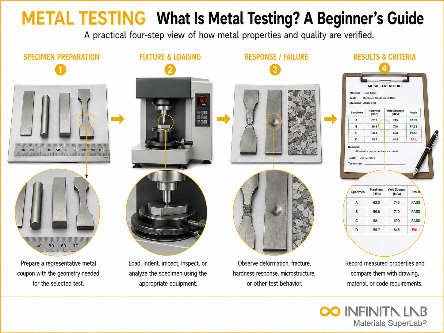 Infinita Engineering Visual showing What Is Metal Testing? A Beginner's Guide mechanical / structural testing workflow.