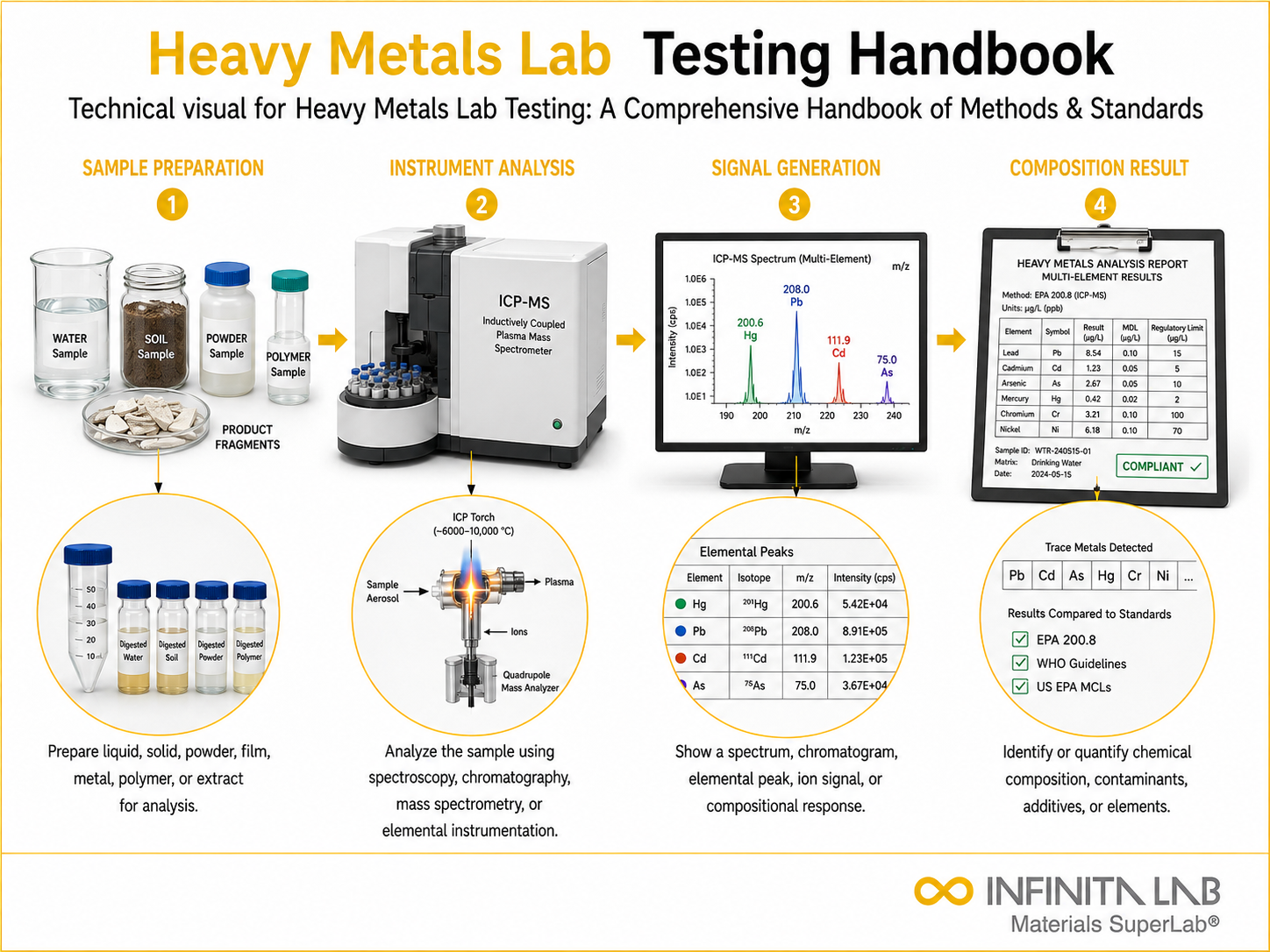 Infinita Engineering Visual showing Heavy Metals Lab elemental / spectroscopic analysis workflow for heavy metals lab testing: a comprehensive handbook of methods & standards.