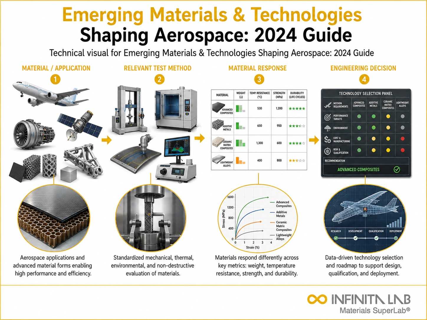 Infinita Engineering Visual showing Emerging Materials Technologies aerospace / industry guide workflow for emerging materials & technologies shaping aerospace: 2024 guide.