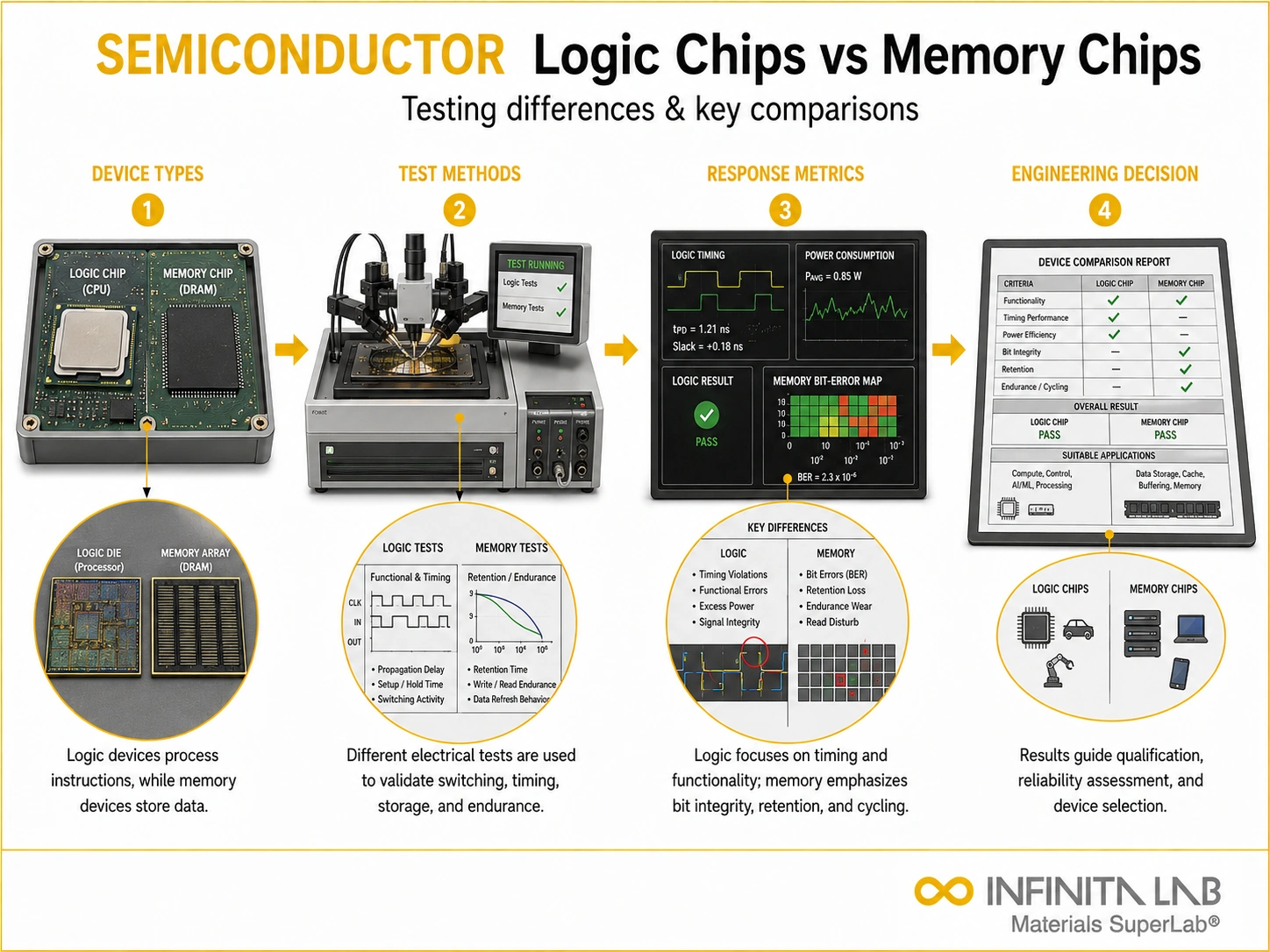 Infinita Engineering Visual showing Logic Chips Vs general technical visual / needs light review workflow for logic chips vs memory chips: testing differences & key comparisons.
