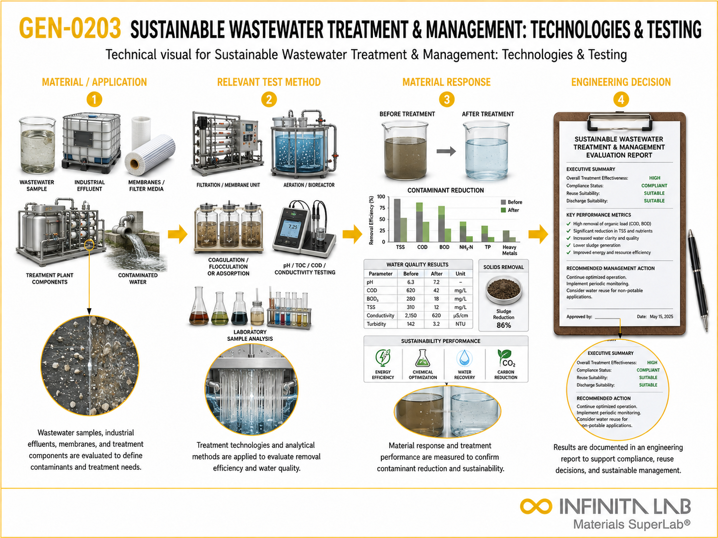 Infinita Engineering Visual showing Sustainable Wastewater Treatment general technical visual / needs light review workflow for sustainable wastewater treatment & management: technologies & testing.