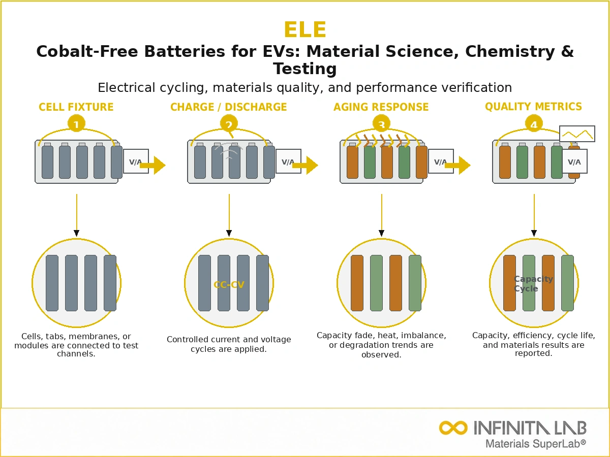 Infinita Engineering Visual showing Cobalt Free Batteries battery / solar / energy materials workflow for cobalt-free batteries for evs: material science, chemistry & testing.