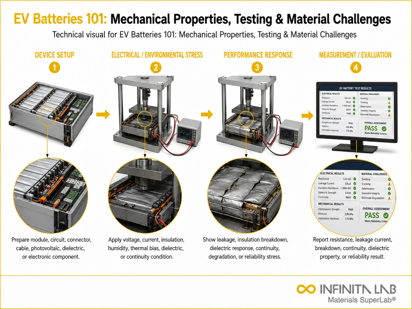 Infinita Engineering Visual showing Ev Batteries 101 electrical / electronics reliability workflow for ev batteries 101: mechanical properties, testing & material challenges.