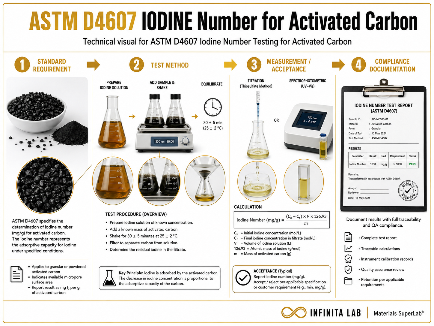 Infinita Engineering Visual showing ASTM D4607 IODINE standard overview / compliance workflow for astm d4607 iodine number testing for activated carbon.