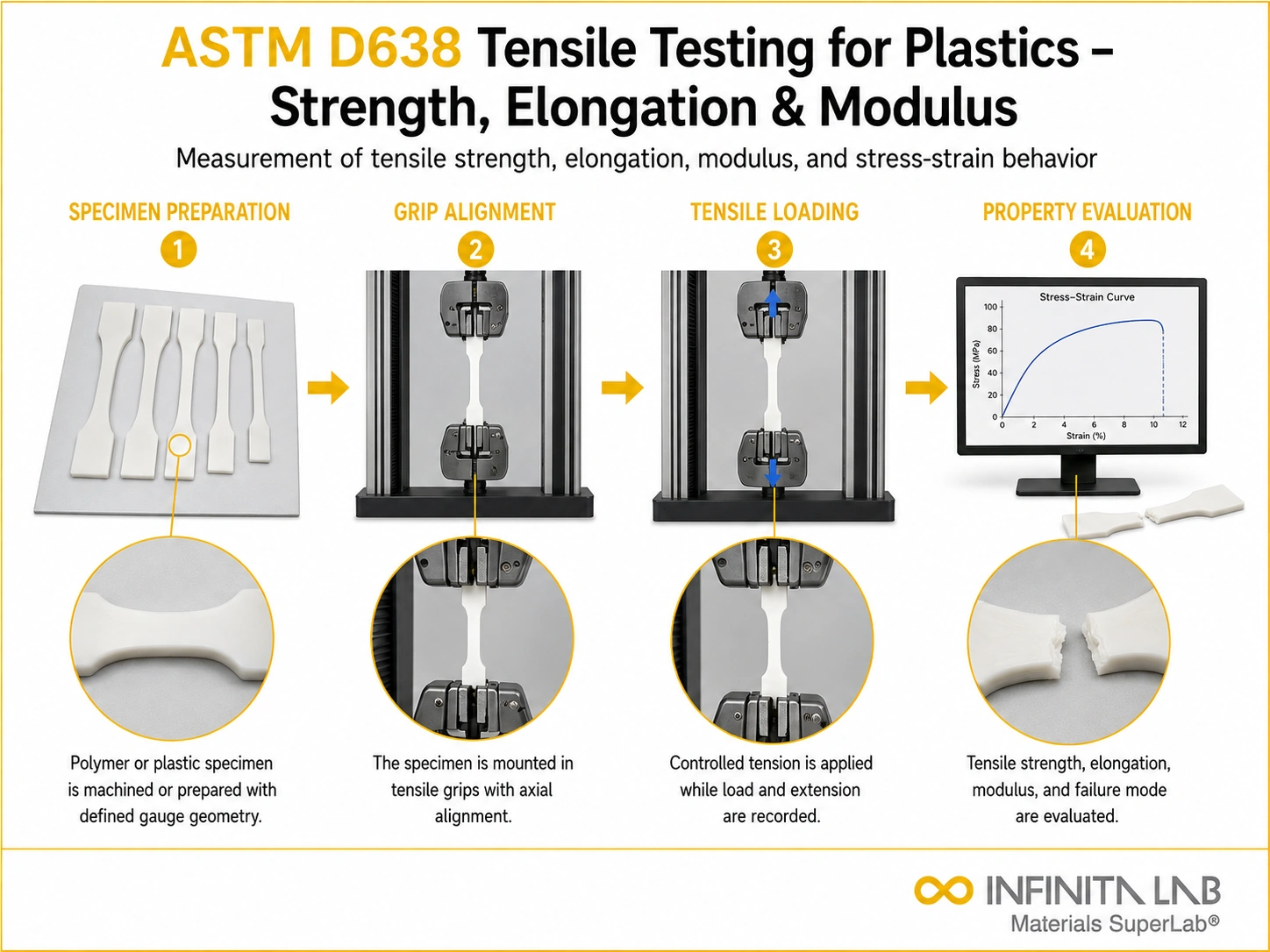 Tensile testing visual for ASTM D638 Tensile Testing for Plastics – Strength, Elongation & Modulus, showing specimen preparation, grip alignment, axial loading, and stress-strain evaluation.