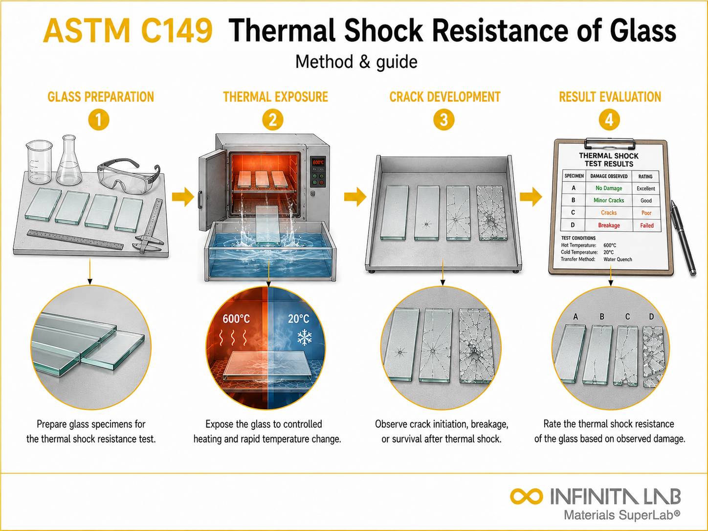Infinita Engineering Visual showing ASTM C149 thermal shock / cycling workflow for astm c149: thermal shock resistance of glass — method & guide.