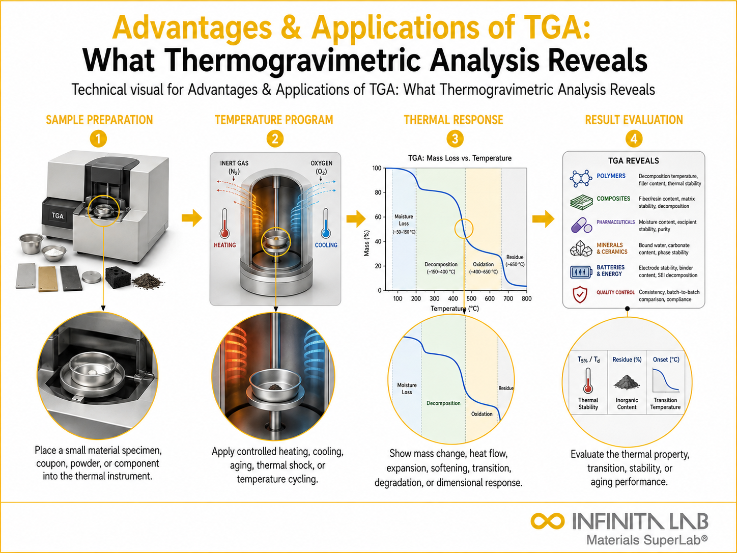 Infinita Engineering Visual showing Advantages Applications Of tga / mass loss workflow for advantages & applications of tga: what thermogravimetric analysis reveals.