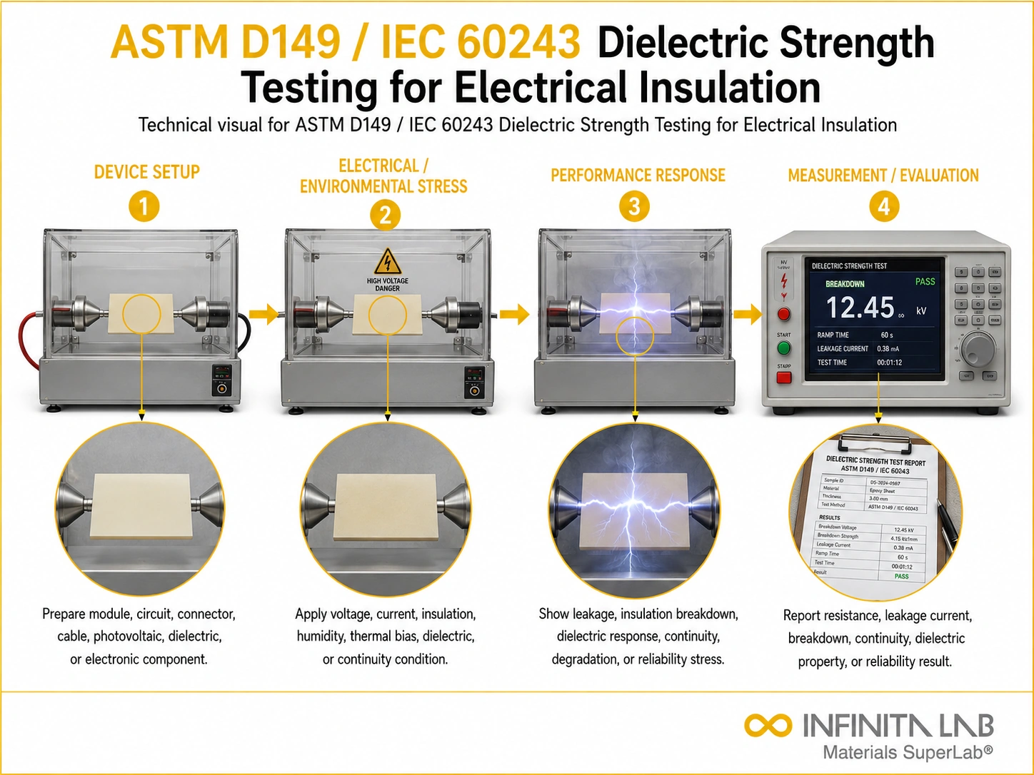 Infinita Engineering Visual showing ASTM D149 dielectric / insulation / electrical workflow for astm d149 / iec 60243 dielectric strength testing for electrical insulation.