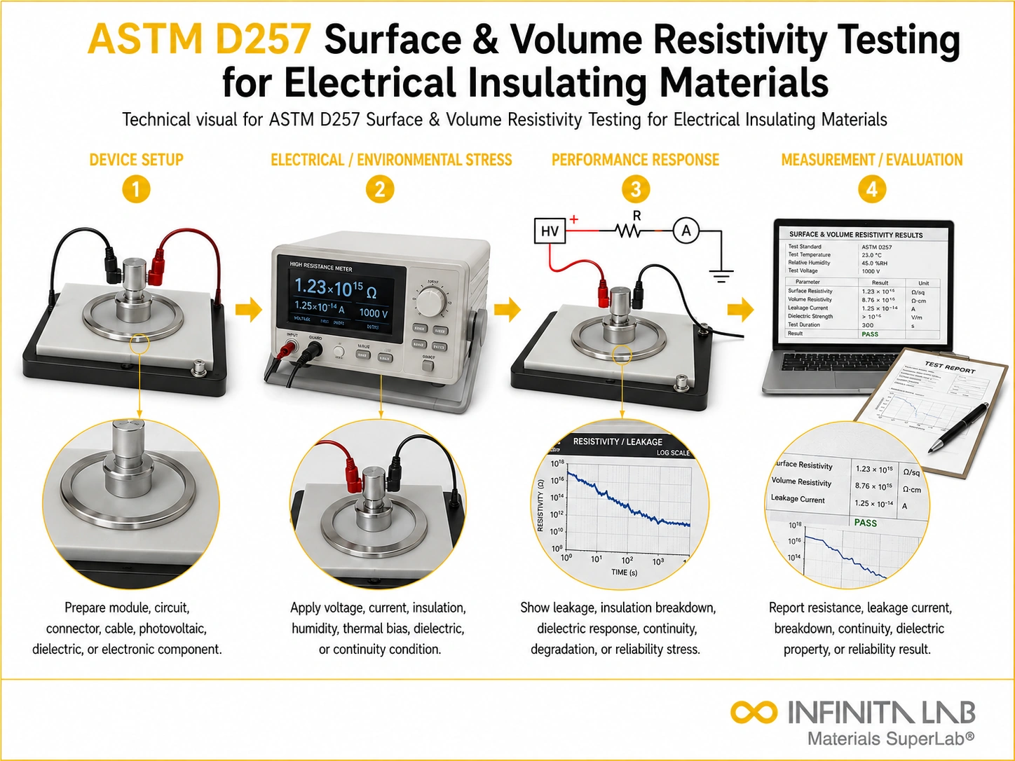 Infinita Engineering Visual showing ASTM D257 SURFACE electrical / electronics reliability workflow for astm d257 surface & volume resistivity testing for electrical insulating materials.