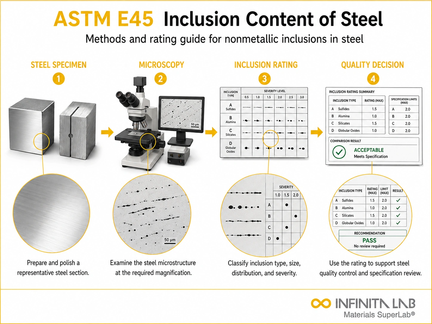Infinita Engineering Visual showing ASTM E45 general testing / industry guide workflow for astm e45: determining inclusion content of steel — methods & rating guide.