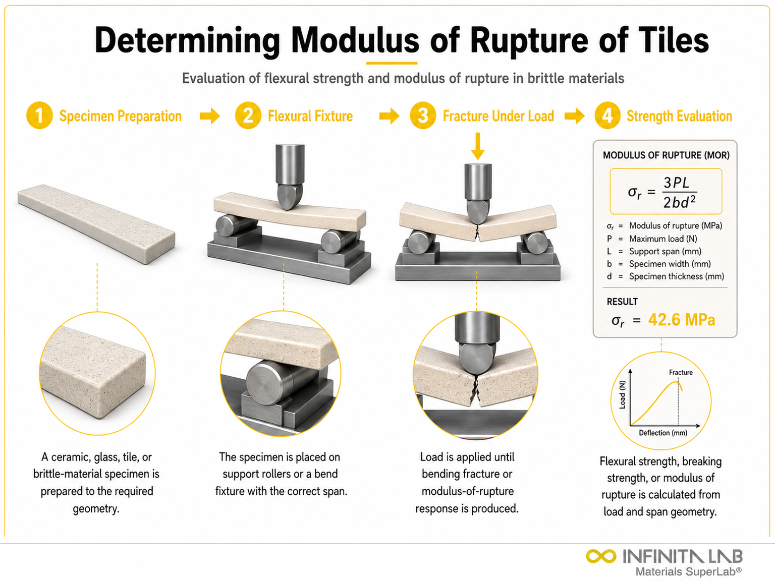 Four-step Infinita Engineering Visual showing determining Modulus of Rupture of Tiles Test Method Standards with specimen preparation, fixture setup, flexural loading, and results evaluation.
