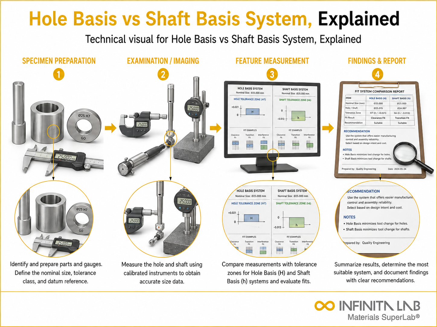 Infinita Engineering Visual showing Hole Basis vs Shaft Basis System, Explained microscopy / surface / material characterization workflow.
