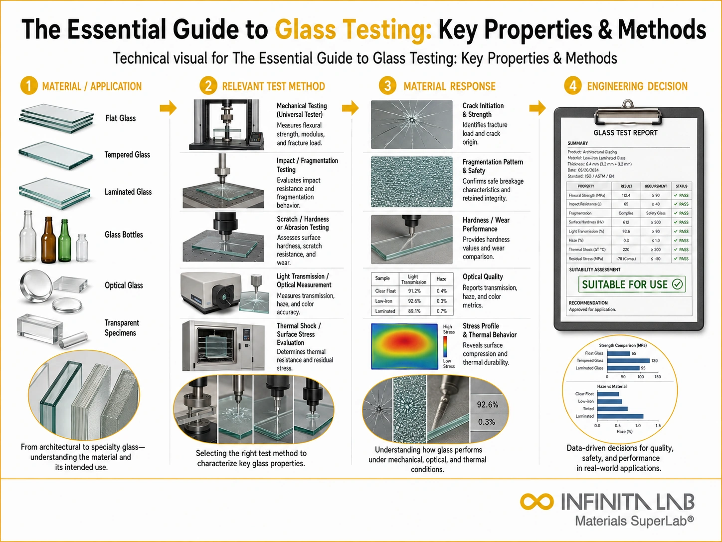 Infinita Engineering Visual showing The Essential Guide general testing / industry guide workflow for the essential guide to glass testing: key properties & methods.