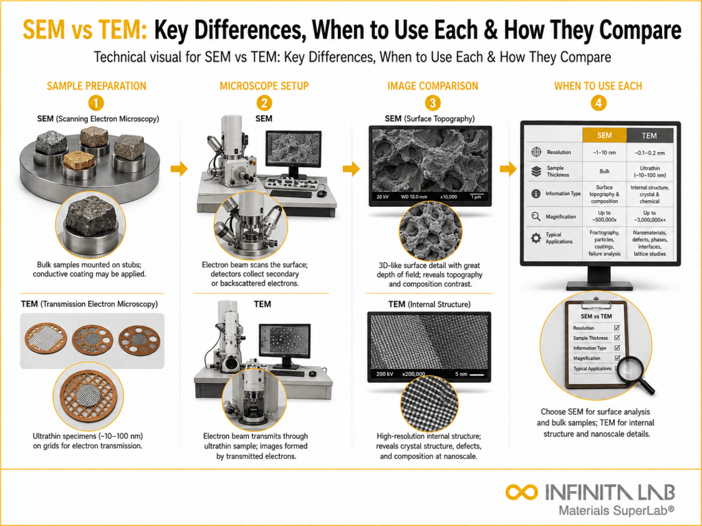 Infinita Engineering Visual showing Sem Vs Tem microscopy / imaging workflow for sem vs tem: key differences, when to use each & how they compare.