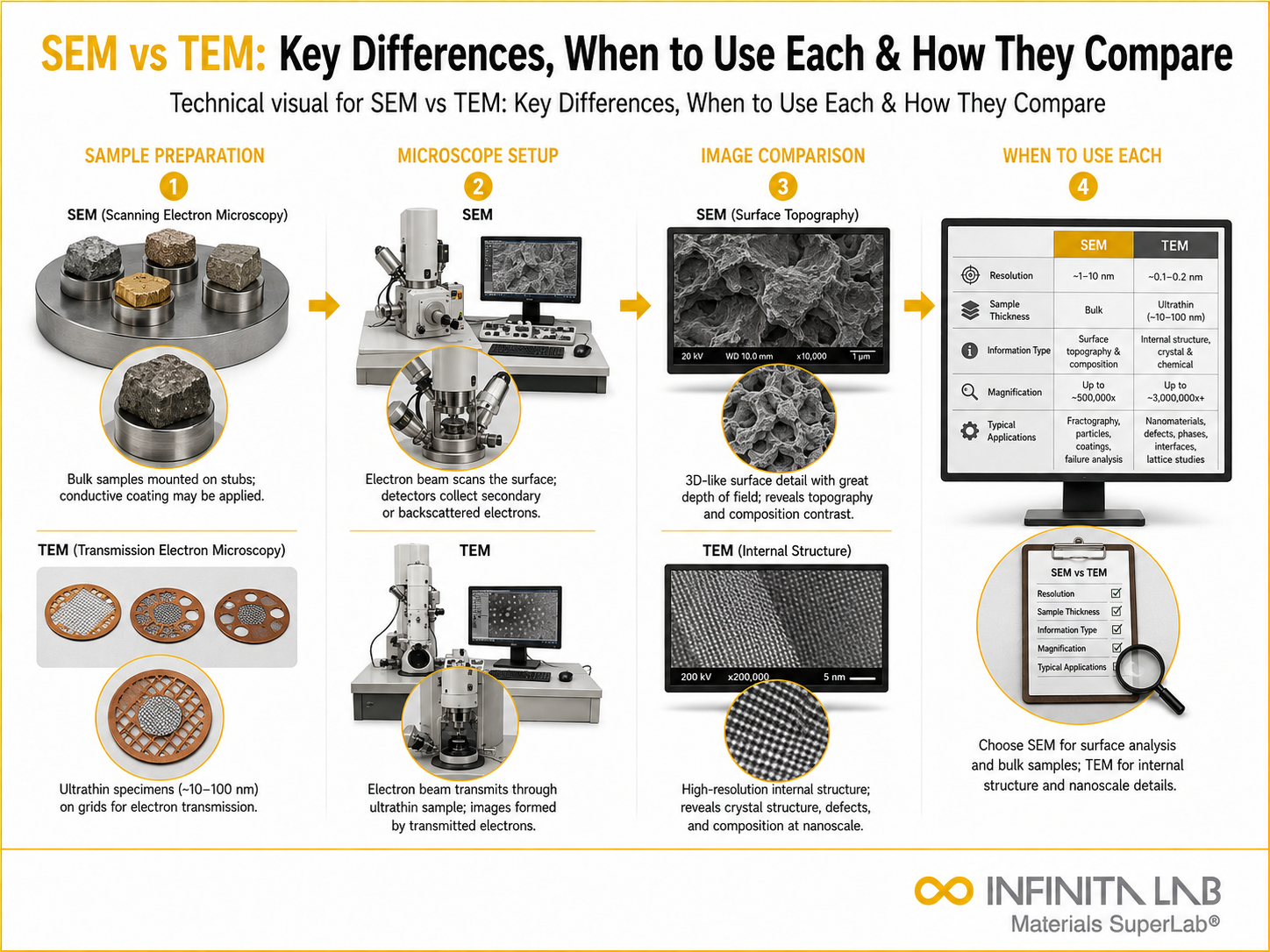 Infinita Engineering Visual showing Sem Vs Tem microscopy / imaging workflow for sem vs tem: key differences, when to use each & how they compare.