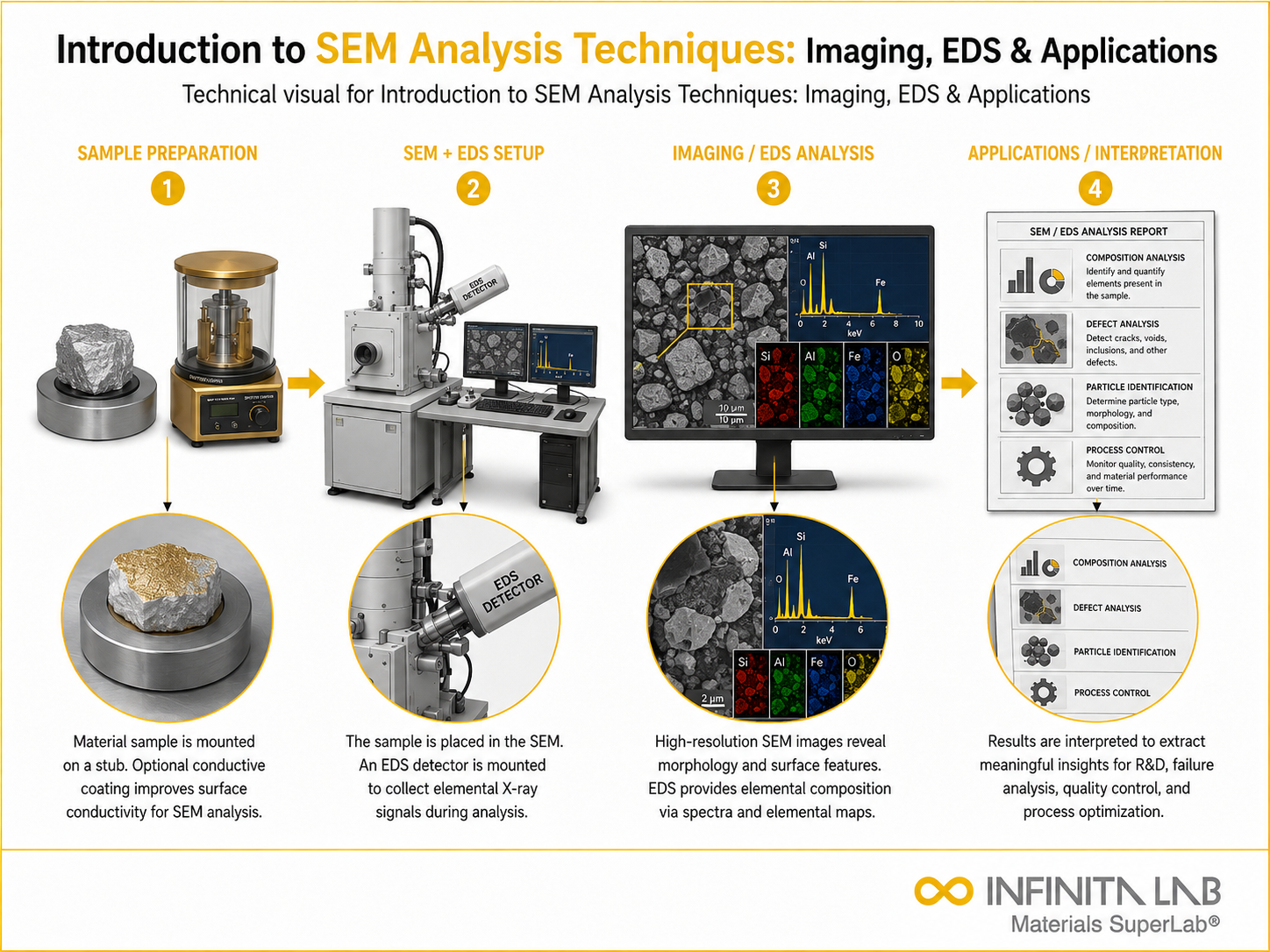 Infinita Engineering Visual showing Introduction To Sem microscopy / imaging workflow for introduction to sem analysis techniques: imaging, eds & applications.