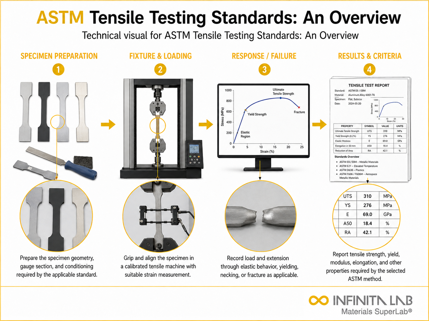 Infinita Engineering Visual showing ASTM Tensile Testing Standards: An Overview mechanical / structural testing workflow.