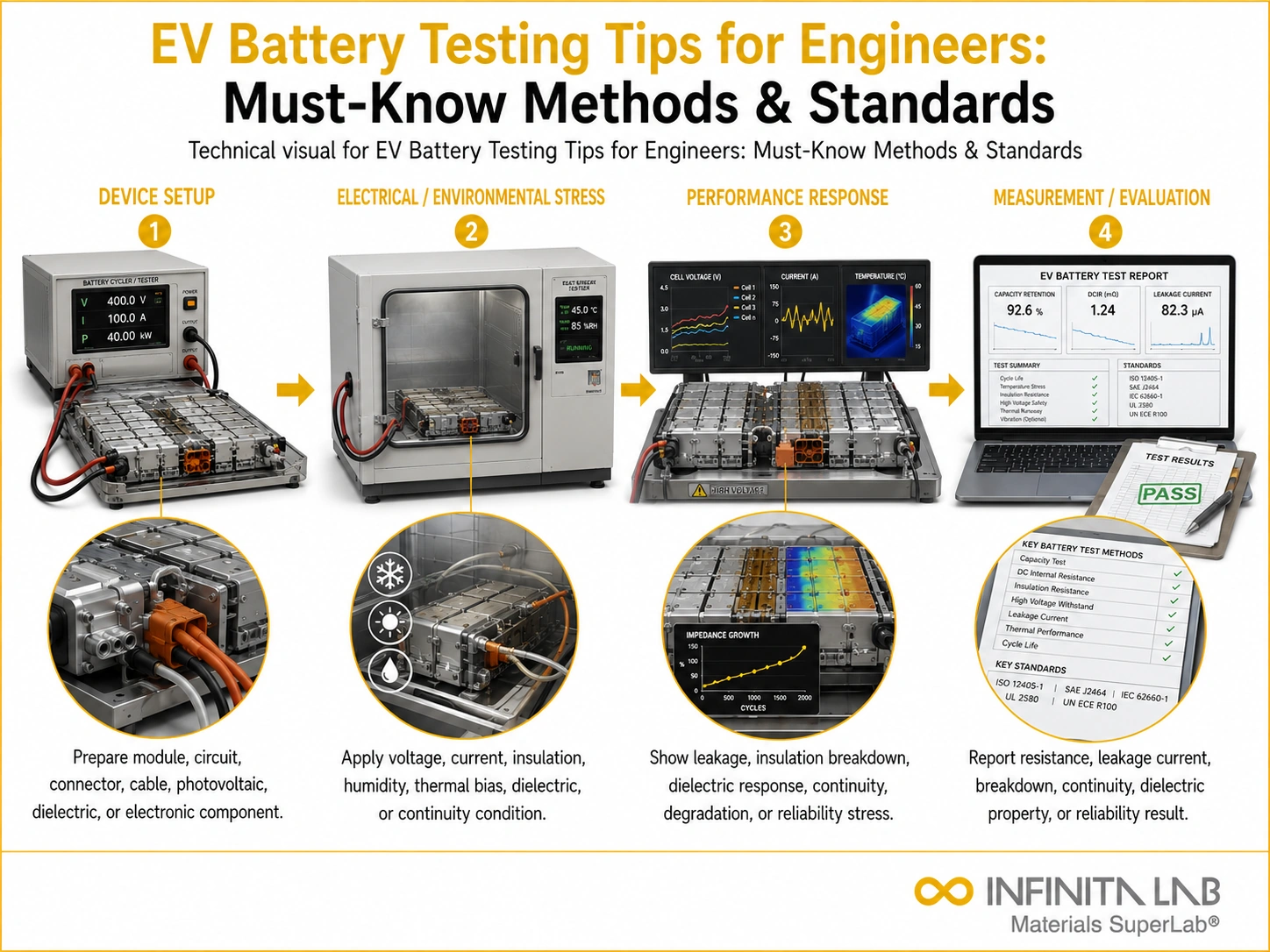 Infinita Engineering Visual showing Ev Battery Testing electrical / electronics reliability workflow for ev battery testing tips for engineers: must-know methods & standards.