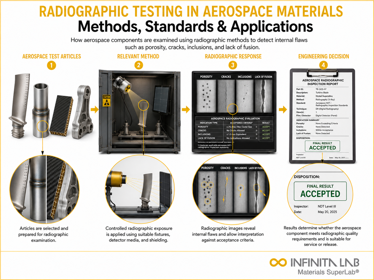 Infinita Engineering Visual showing Radiographic Testing In aerospace / industry guide workflow for radiographic testing in aerospace materials: methods, standards & applications.
