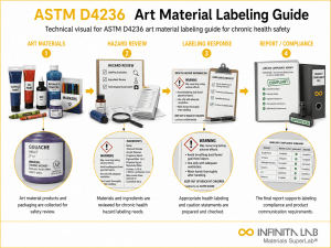 Infinita Engineering Visual showing ASTM D4236 ART general testing / industry guide workflow for astm d4236 art material labeling guide for chronic health safety.