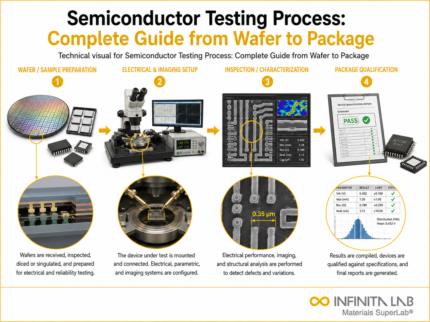 Infinita Engineering Visual showing Semiconductor Testing Process microscopy / imaging workflow for semiconductor testing process: complete guide from wafer to package.