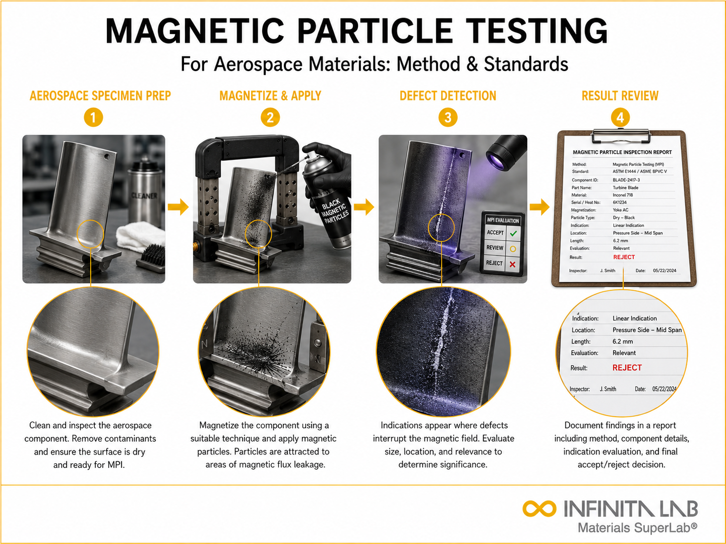 Infinita Engineering Visual showing Magnetic Particle Testing particle / powder / sieve / physical characterization workflow for magnetic particle testing for aerospace materials: method & standards.