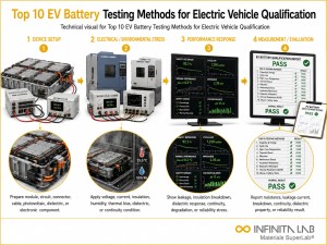 Infinita Engineering Visual showing Top 10 Ev electrical / electronics reliability workflow for top 10 ev battery testing methods for electric vehicle qualification.