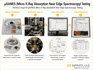 Infinita Engineering Visual showing Xanes Micro X spectroscopy / chromatography / elemental analysis workflow for µxanes (micro x-ray absorption near edge spectroscopy) testing.