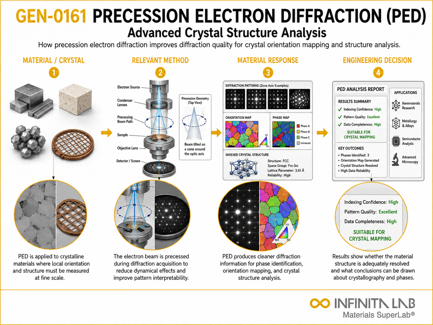 Infinita Engineering Visual showing Precession Electron Diffraction general technical visual / needs light review workflow for precession electron diffraction (ped): advanced crystal structure analysis.