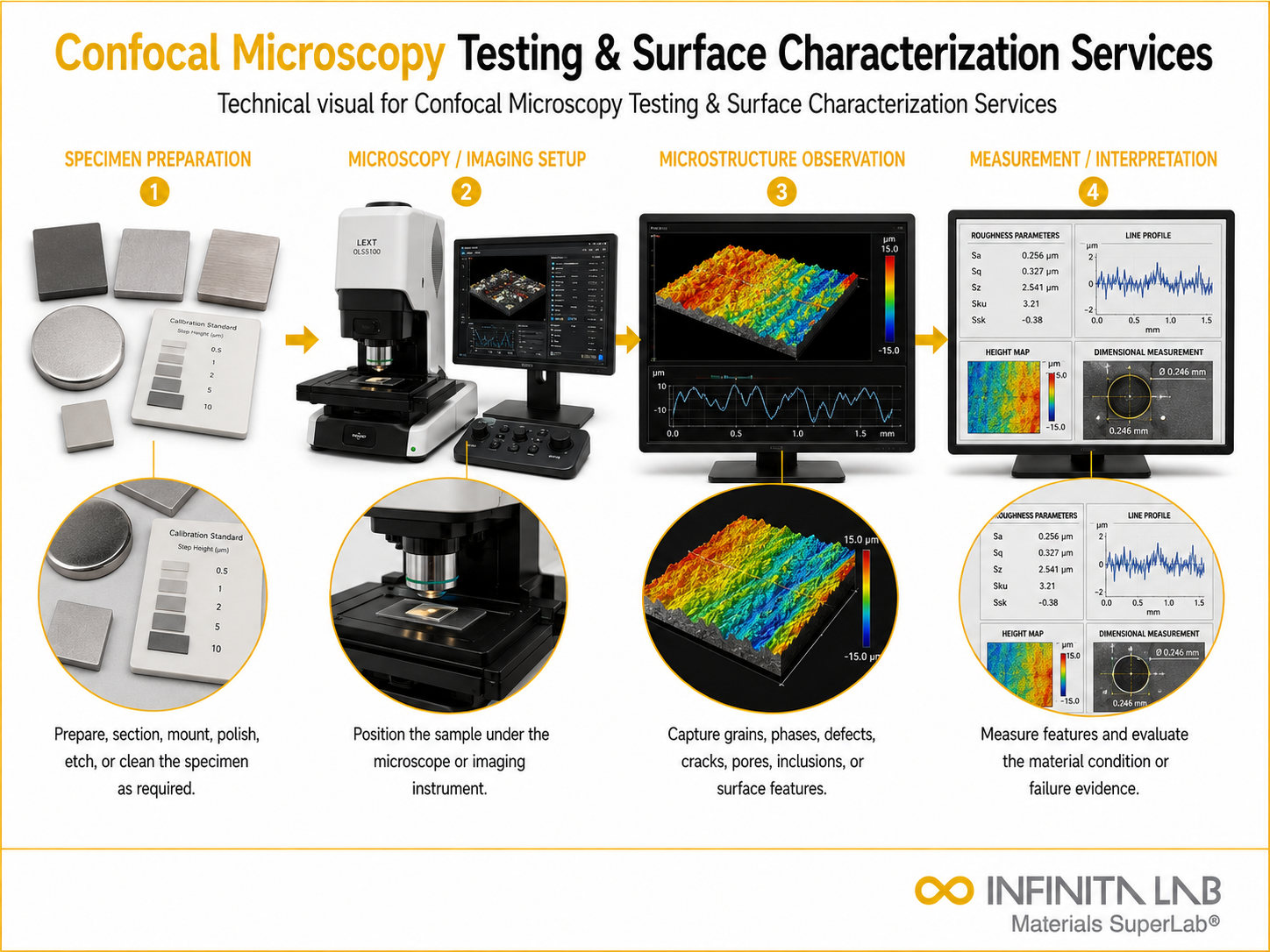 Infinita Engineering Visual showing Confocal Microscopy Testing microscopy / imaging workflow for confocal microscopy testing & surface characterization services.