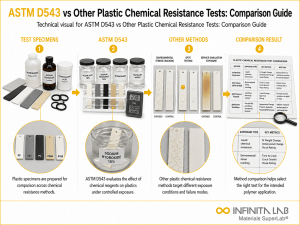 Infinita Engineering Visual showing ASTM D543 VS polymer / plastics material properties workflow for astm d543 vs other plastic chemical resistance tests: comparison guide.