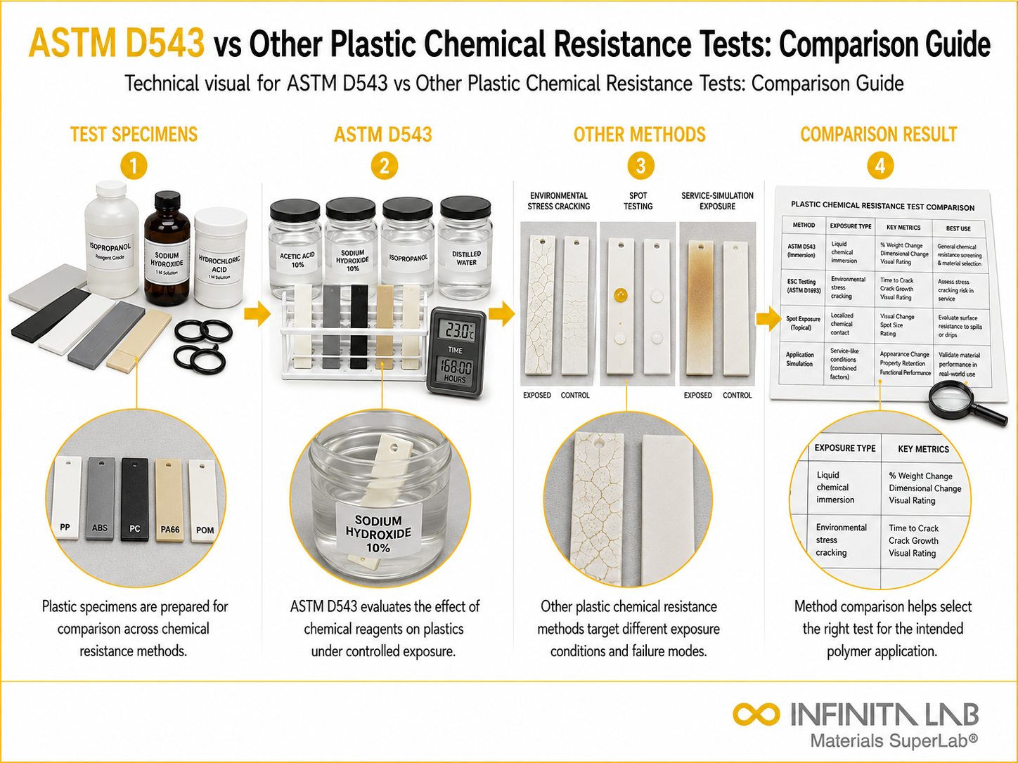 Infinita Engineering Visual showing ASTM D543 VS polymer / plastics material properties workflow for astm d543 vs other plastic chemical resistance tests: comparison guide.