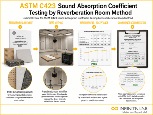 Infinita Engineering Visual showing ASTM C423 SOUND standard overview / compliance workflow for astm c423 sound absorption coefficient testing by reverberation room method.