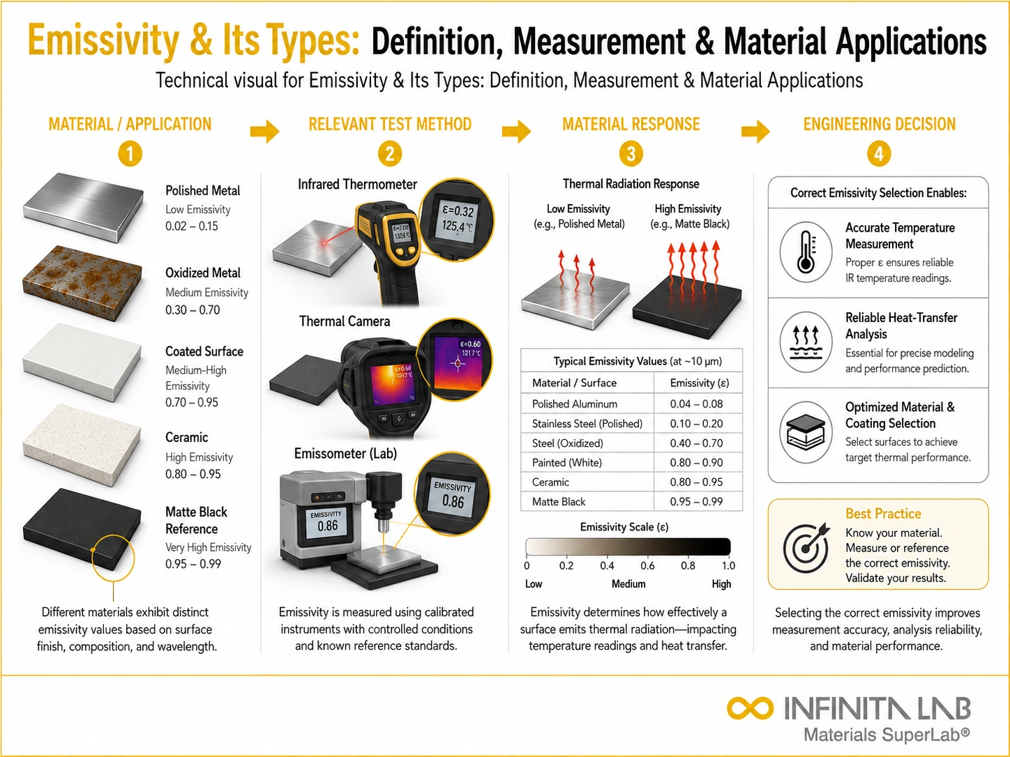 Infinita Engineering Visual showing Emissivity Its Types general testing / industry guide workflow for emissivity & its types: definition, measurement & material applications.