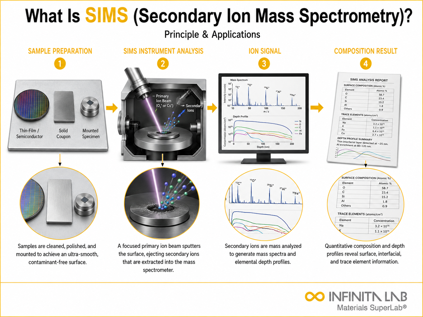 Infinita Engineering Visual showing What Is Sims spectroscopy / chromatography / elemental analysis workflow for what is sims (secondary ion mass spectrometry)? principle & applications.