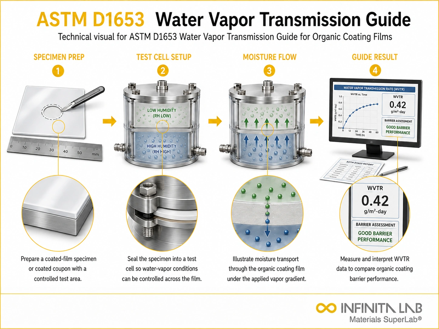 Infinita Engineering Visual showing ASTM D1653 WATER gas / vapor transmission workflow for astm d1653 water vapor transmission guide for organic coating films.