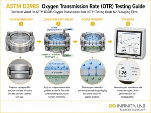 Infinita Engineering Visual showing ASTM D3985 OXYGEN gas / vapor transmission workflow for astm d3985 oxygen transmission rate (otr) testing guide for packaging films.