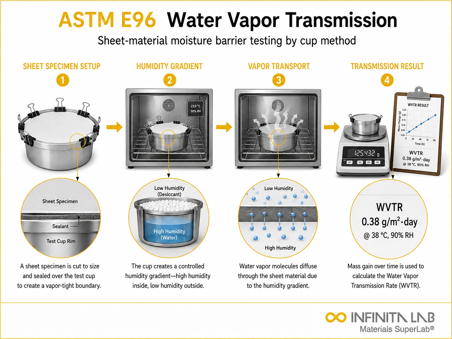 Infinita Engineering Visual showing ASTM E96 WATER gas / vapor transmission workflow for astm e96 water vapor transmission rate (wvtr) testing guide.