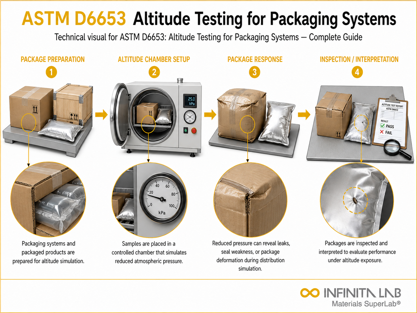 Infinita Engineering Visual showing ASTM D6653 microscopy / imaging workflow for astm d6653: altitude testing for packaging systems — complete guide.