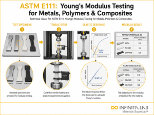 Infinita Engineering Visual showing ASTM E111 polymer / plastics material properties workflow for astm e111: young's modulus testing for metals, polymers & composites.