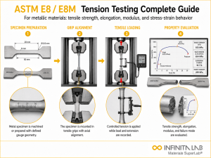 Tensile testing visual for ASTM E8 / E8M Tension Testing Complete Guide for Metallic Materials, showing specimen preparation, grip alignment, axial loading, and stress-strain evaluation.