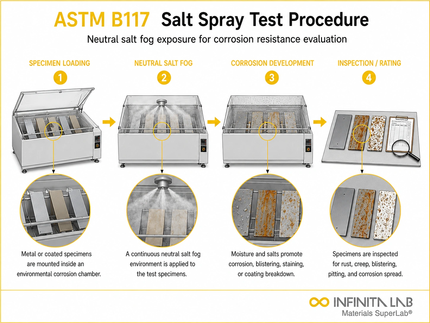 Four-step Infinita Engineering Visual showing astm b117 salt spray test procedure: step-by-step overview guide with specimen loading, neutral salt fog, corrosion development, and inspection / rating.