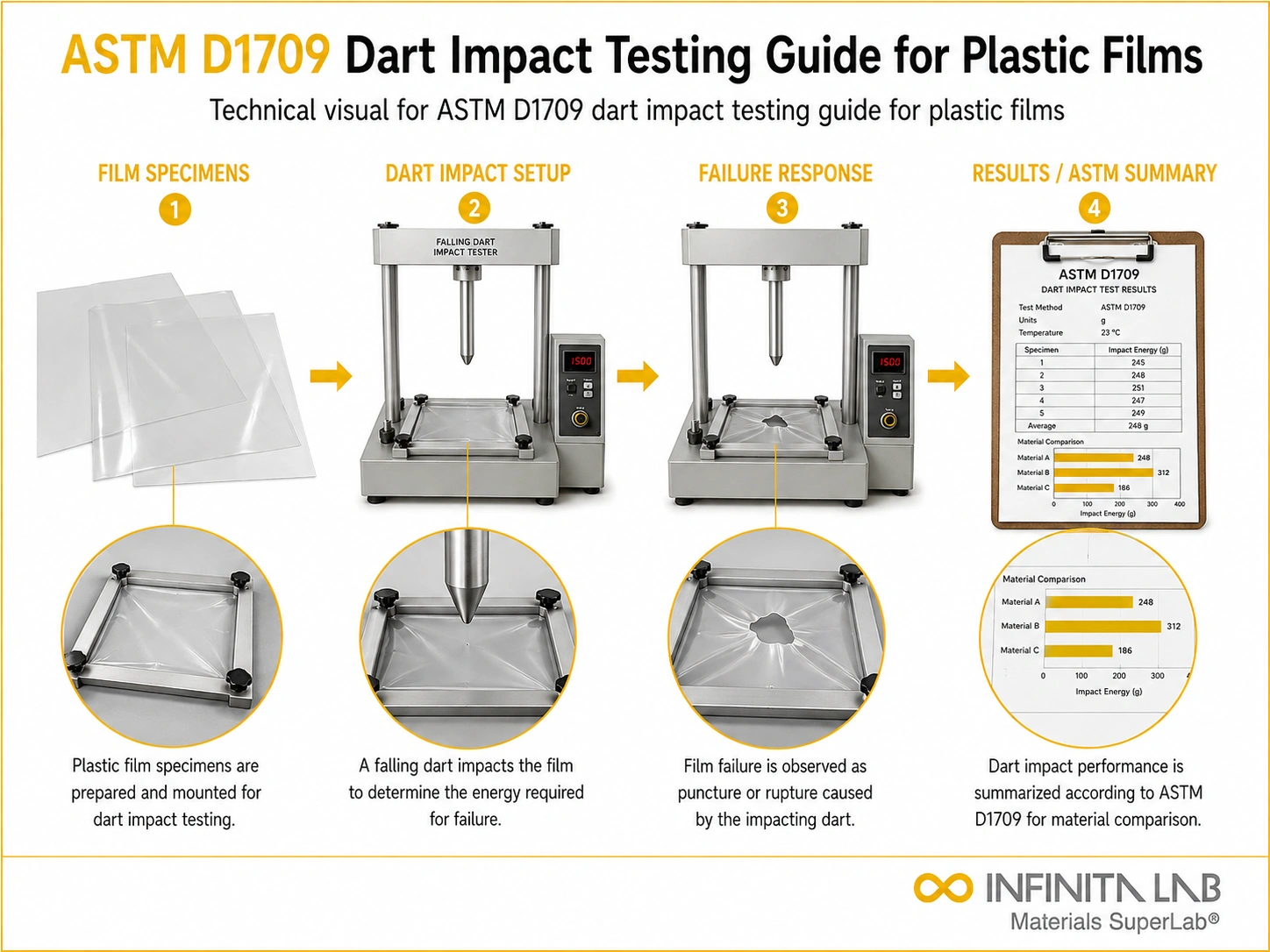 Infinita Engineering Visual showing ASTM D1709 DART impact testing workflow for astm d1709 dart impact testing guide for plastic films.
