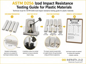 Infinita Engineering Visual showing ASTM D256 IZOD impact testing workflow for astm d256 izod impact resistance testing guide for plastic materials.