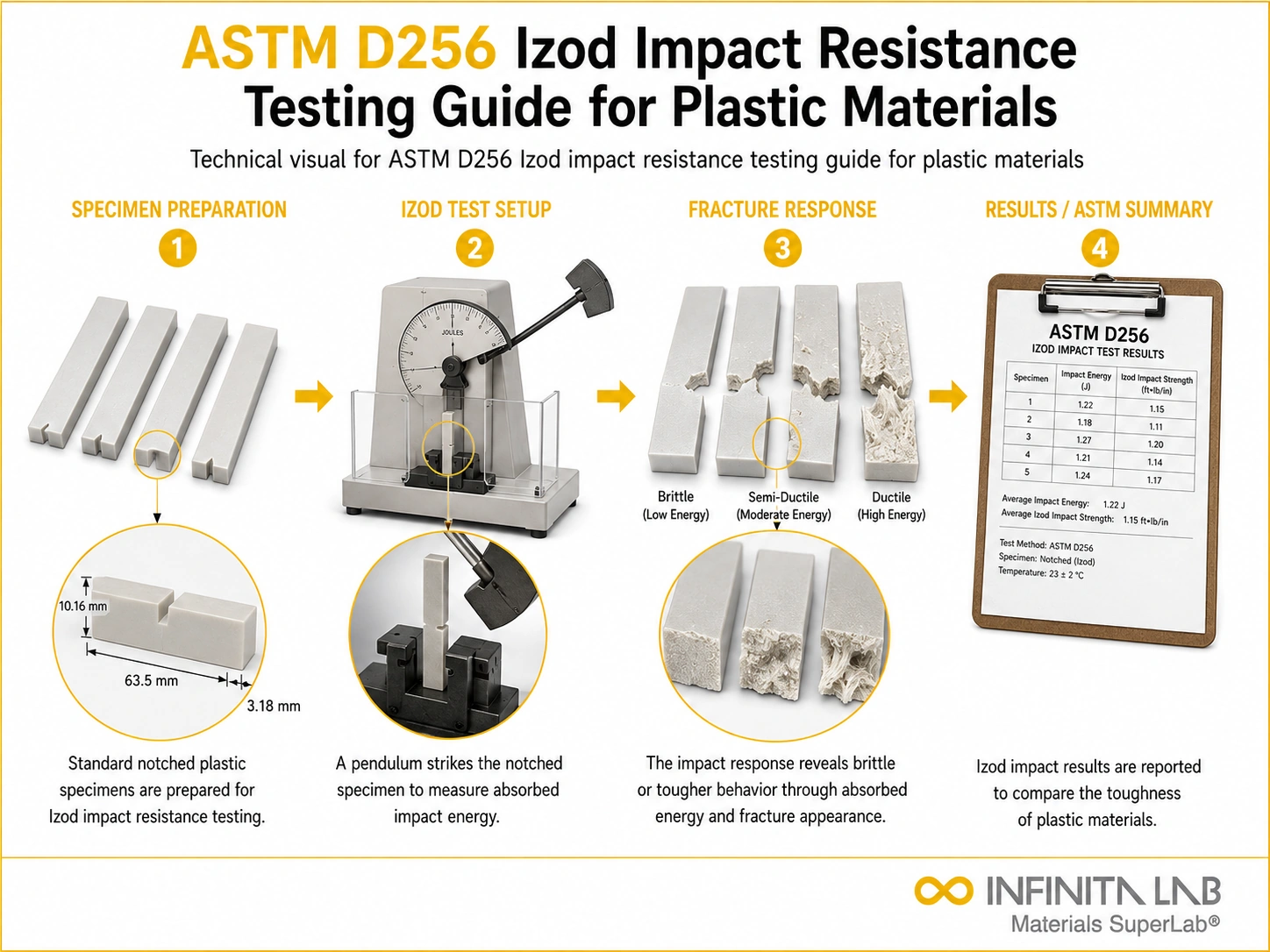 Infinita Engineering Visual showing ASTM D256 IZOD impact testing workflow for astm d256 izod impact resistance testing guide for plastic materials.