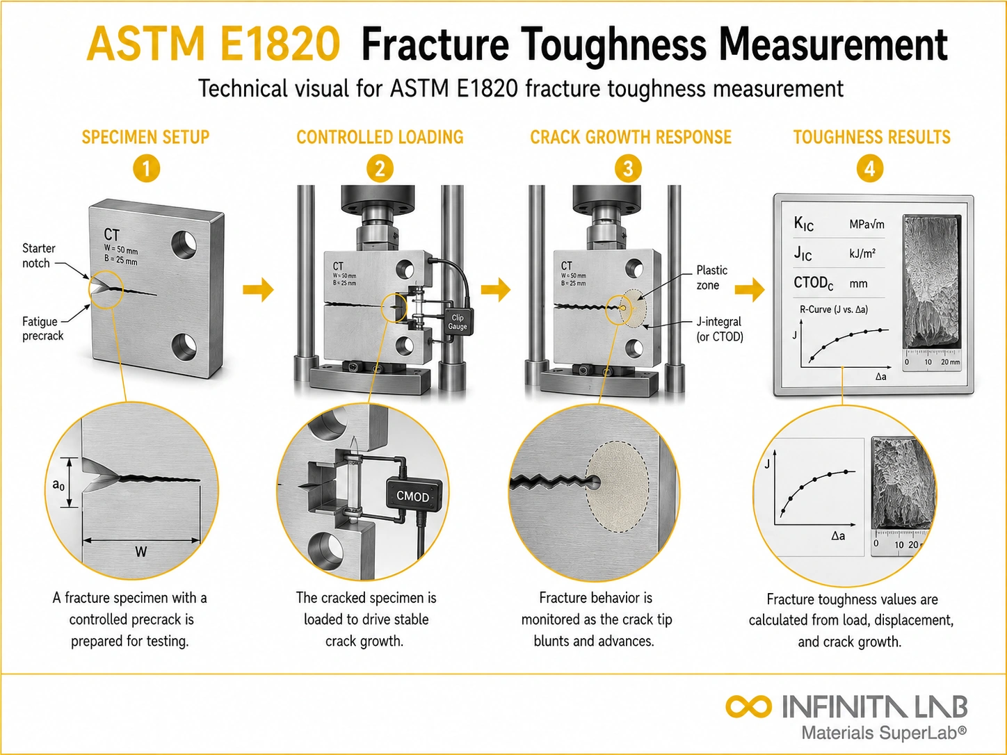 Infinita Engineering Visual showing ASTM E1820 fracture / crack growth workflow for astm e1820: fracture toughness measurement — complete guide.